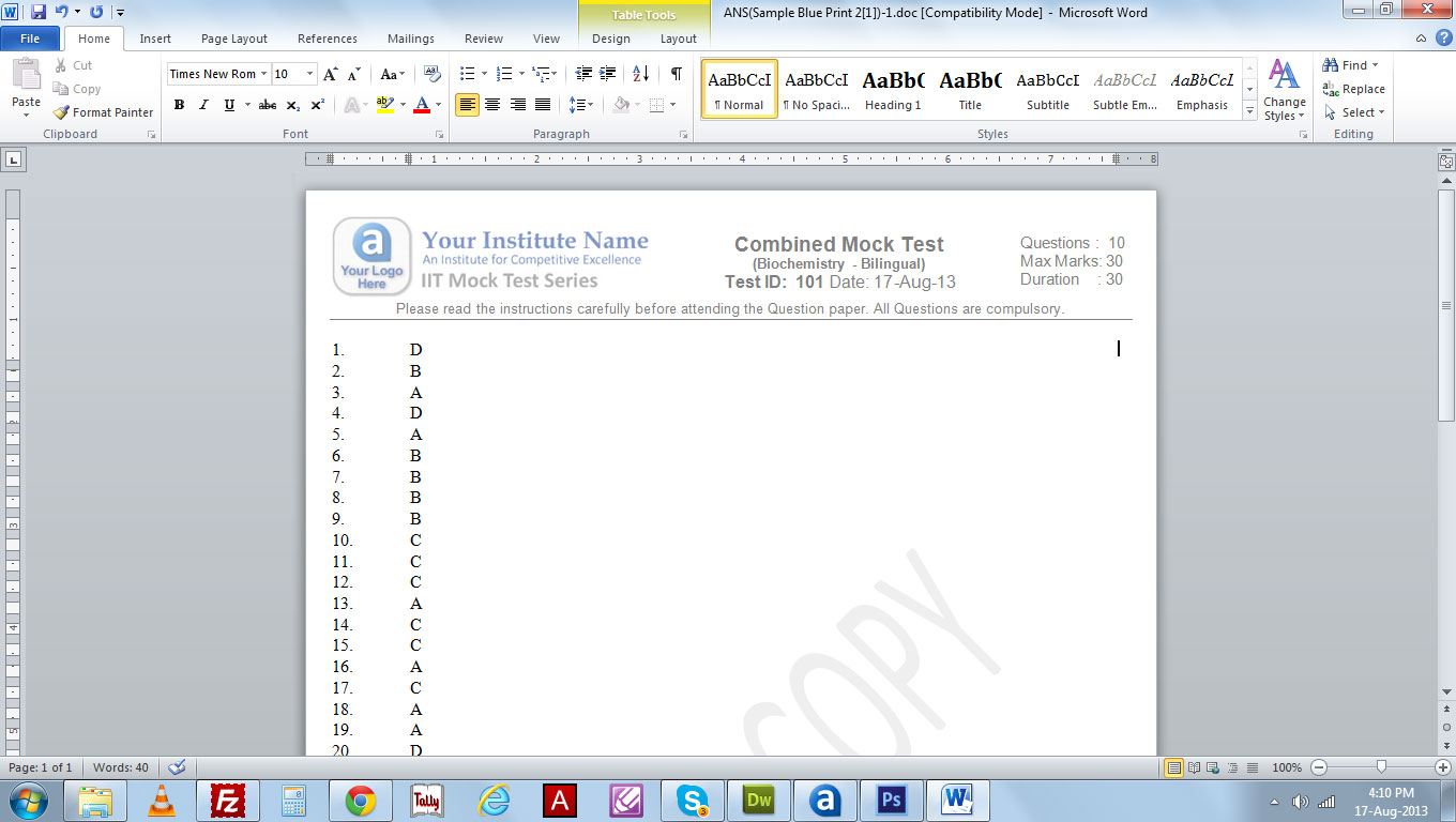 Output - Word file and Solution Sheet